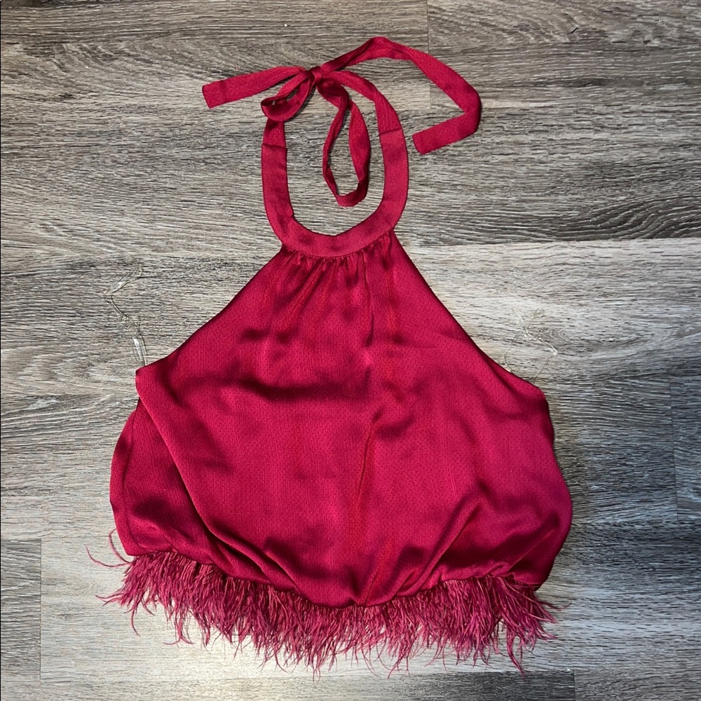 NWT la lavon Wine Satin Halter Top with Fur Trim Large